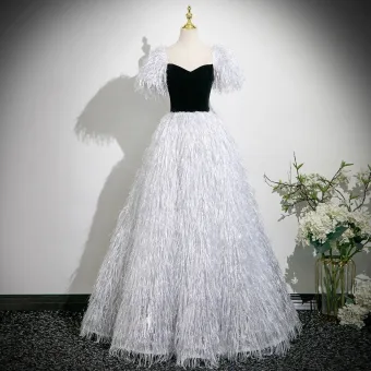 Fashion Silver Grey Tassel Prom Dresses 2025 Ball Gown Off The Shoulder Short Sleeve Backless Floor Length Long Formal Dresses