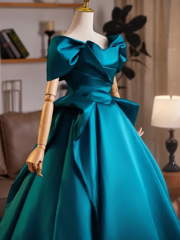Vintage / Retro Ink Blue Satin Prom Dresses 2025 Ball Gown Off-The-Shoulder Short Sleeve Backless Sweep Train Formal Dresses
