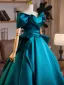 Vintage / Retro Ink Blue Satin Prom Dresses 2025 Ball Gown Off-The-Shoulder Short Sleeve Backless Sweep Train Formal Dresses