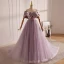 Elegant Lavender Beading Bow Prom Dresses 2024 Ball Gown Off-The-Shoulder Short Sleeve Backless Floor-Length / Long Formal Dresses