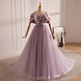 Elegant Lavender Beading Bow Prom Dresses 2024 Ball Gown Off The Shoulder Short Sleeve Backless Floor Length Long Formal Dresses