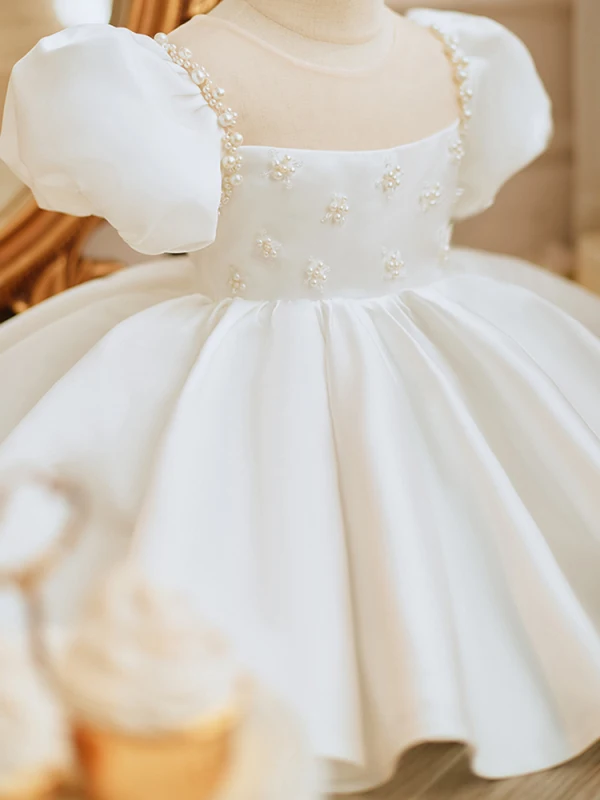Elegant White Pearl Bow Short Birthday Flower Girl Dresses 2023 Ball Gown Scoop Neck Puffy Short Sleeve