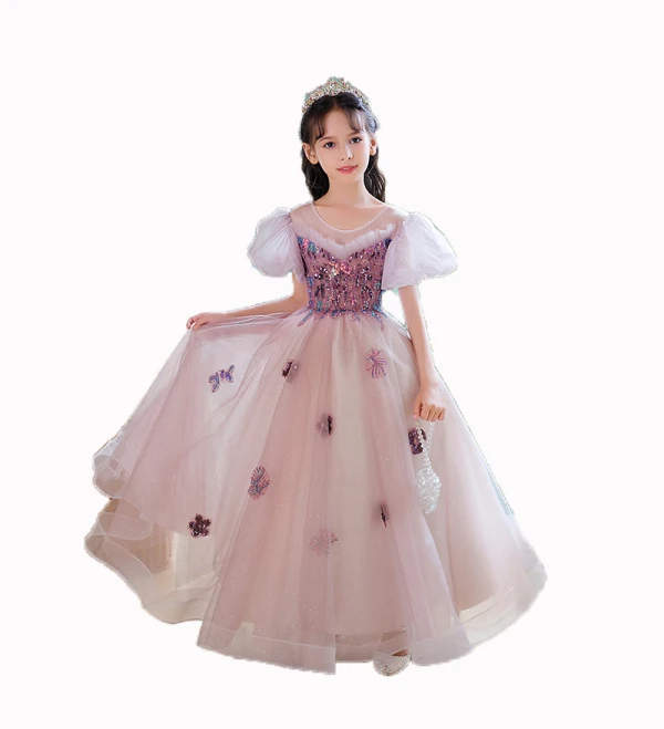 Chic / Beautiful Purple Birthday Flower Girl Dresses 2023 A-Line / Princess Scoop Neck Beading Sequins Puffy Short Sleeve Backless Floor-Length / Long Flower Girl Dresses
