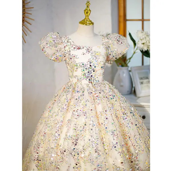 Sparkly Champagne Multi-Colors Sequins Birthday Flower Girl Dresses 2022 Ball Gown Square Neckline Puffy Short Sleeve Backless Floor-Length / Long Flower Girl Dresses