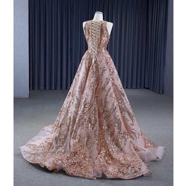 Sparkly High-end Rose Gold Handmade  Beading Sequins Prom Dresses 2023 A-Line / Princess Scoop Neck Sleeveless Sweep Train Prom Formal Dresses