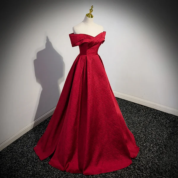 Elegant Burgundy Prom Dresses 2023 A-Line / Princess Off-The-Shoulder Short Sleeve Backless Floor-Length / Long Prom Formal Dresses
