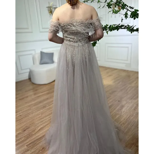 High End Meeresblau Handgefertigt Perlenstickerei Pailletten Gespaltete Front Ballkleider 2024 Meerjungfrau Bandeau Kurze Ärmel Rückenfreies Lange Ball Festliche Kleider