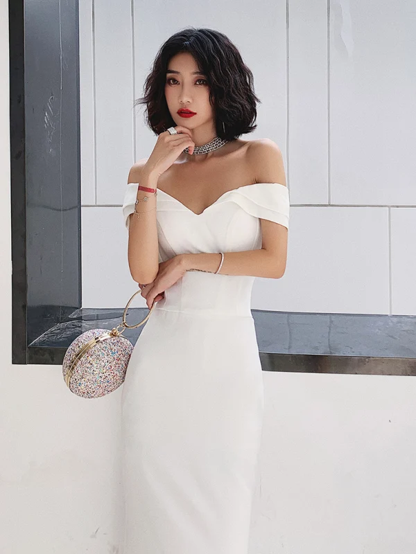 Sexy Ivory Evening Dresses 2022 Trumpet / Mermaid Off-The-Shoulder Short Sleeve Backless Floor-Length / Long Evening Party Formal Dresses