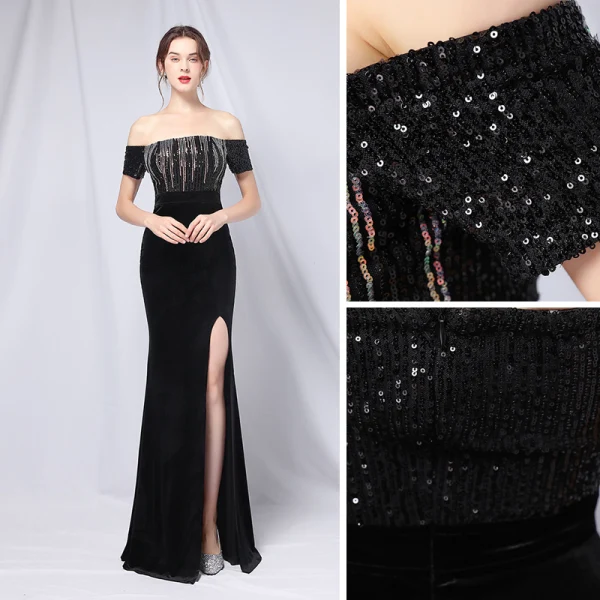 Sexy Black Sequins Evening Dresses 2022 Trumpet / Mermaid Off-The-Shoulder Short Sleeve Backless Split Front Floor-Length / Long Prom Formal Dresses