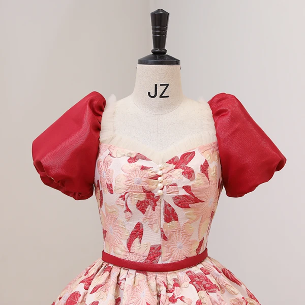 Elegant Red Printing Prom Dresses 2022 Ball Gown Square Neckline Puffy Short Sleeve Backless Sash Floor-Length / Long Prom Formal Dresses