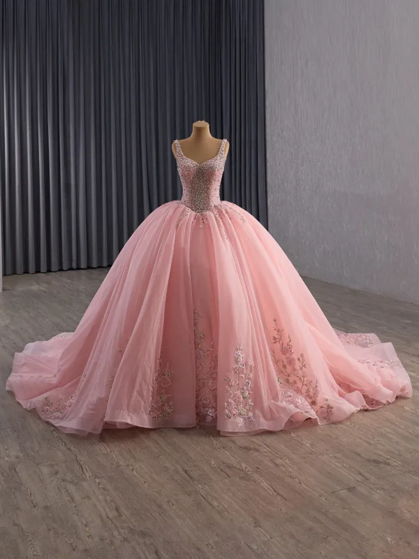 Luxury / Gorgeous Candy Pink Handmade  Beading Lace Flower Appliques Pearl Sequins Corset Prom Dresses 2025 Ball Gown V-Neck Sleeveless