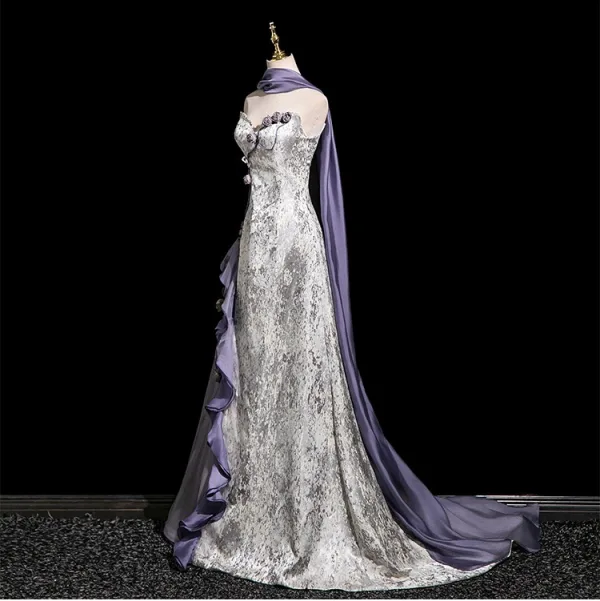 Charming Silver Appliques Sequins Evening Dresses 2025 A-Line / Princess Strapless Sleeveless Backless Sweep Train Evening Party Formal Dresses