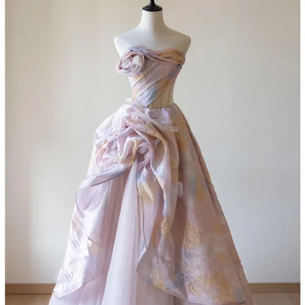 Chic / Beautiful Blushing Pink Printing Prom Dresses 2025 Ball Gown Strapless Sleeveless Backless Floor-Length / Long Formal Dresses