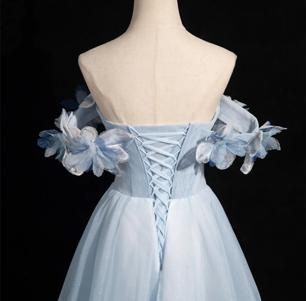 Chic / Beautiful Sky Blue Beading Appliques Prom Dresses 2024 A-Line / Princess Off-The-Shoulder Sleeveless Backless Floor-Length / Long Prom Formal Dresses