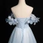 Chic / Beautiful Sky Blue Beading Appliques Prom Dresses 2024 A-Line / Princess Off-The-Shoulder Sleeveless Backless Floor-Length / Long Prom Formal Dresses