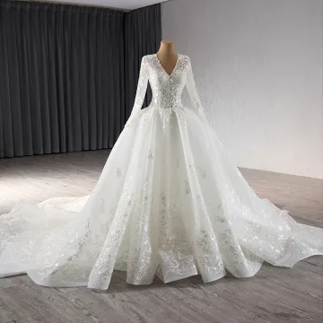 Elegant High End White Lace Flower Wedding Dresses 2024 Ball Gown V Neck Long Sleeve Chapel Train Wedding