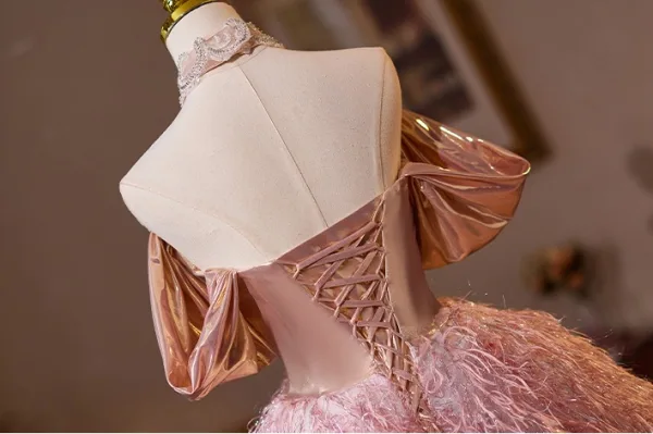 Charming Blushing Pink Beading Rhinestone Lace Flower Tassel Prom Dresses 2025 Ball Gown Off-The-Shoulder Short Sleeve Backless Floor-Length / Long Prom Formal Dresses