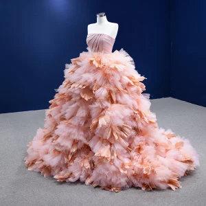 Luxe Champagne Volants En Cascade Robe De Bal Robe De Mariée 2022 Robe Boule Bustier Sans Manches Dos Nu Tribunal Train