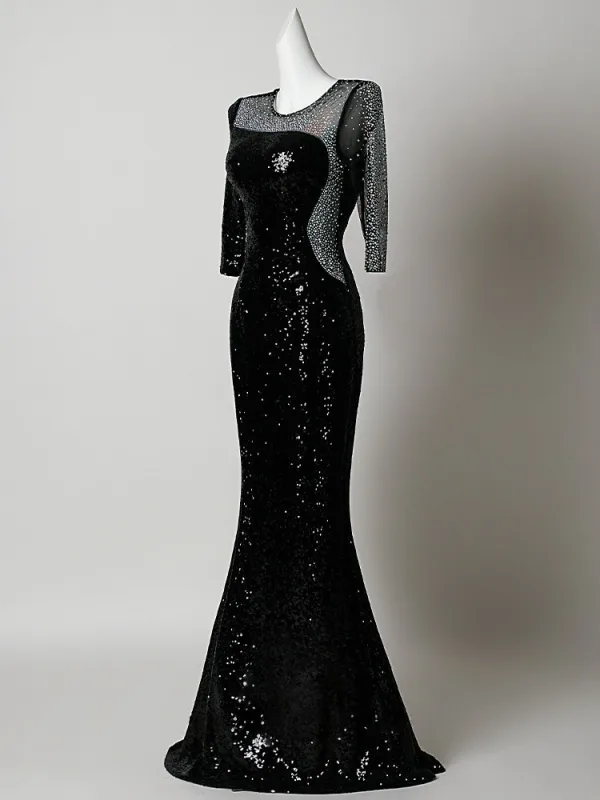 Sparkly Black Sequins Rhinestone Evening Dresses 2026 Trumpet / Mermaid Scoop Neck 3/4 Sleeve Floor-Length / Long Formal Dresses