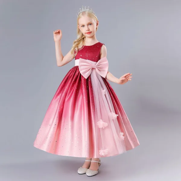 Chic / Beautiful Burgundy Sequins Appliques Birthday Flower Girl Dresses 2023 A-Line / Princess Sleeveless Bow Sash Floor-Length / Long Flower Girl Dresses