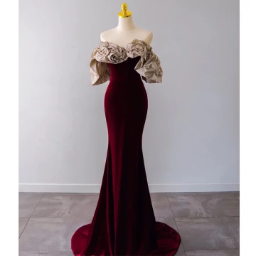 Sexy Bordeaux Daim Robe De Soirée 2022 Trompette Sirène De L Épaule Manches Courtes Dos Nu Perle Paillettes Train De Balayage Soirée Robe De Ceremonie