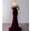 Sexy Burgundy Suede Evening Dresses 2022 Trumpet / Mermaid Off-The-Shoulder Short Sleeve Backless Pearl Sequins Sweep Train Evening Party Formal Dresses