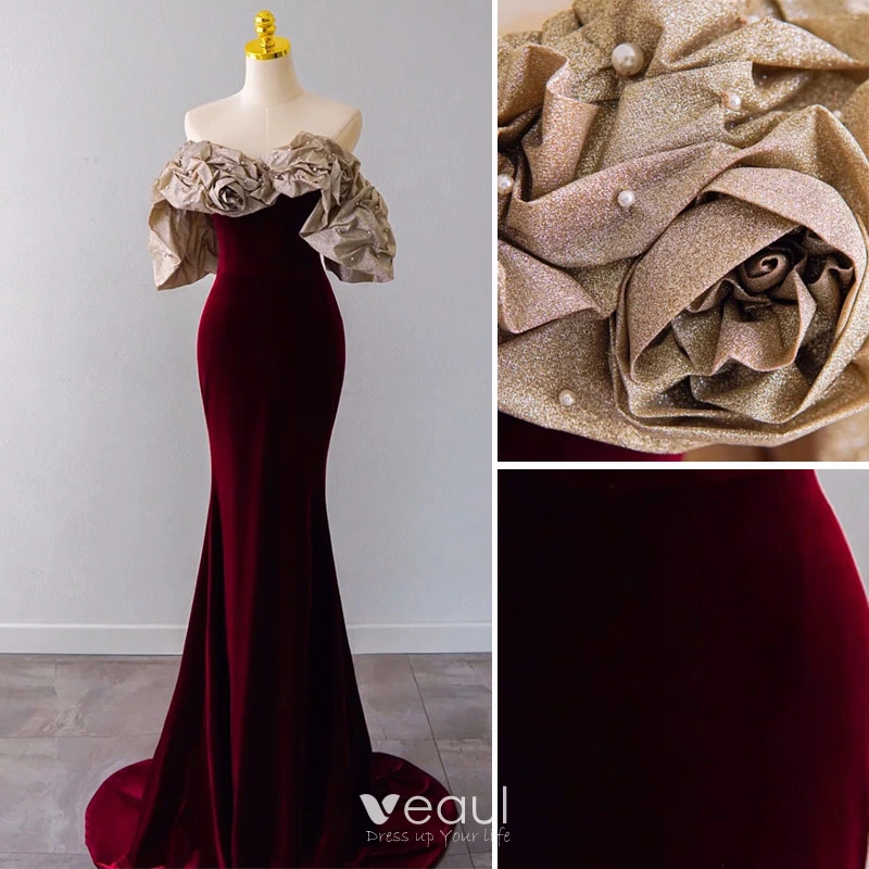 Sexy Burgundy Suede Evening Dresses 2022 Trumpet / Mermaid Off-The-Shoulder  Short Sleeve Backless Pearl Sequins