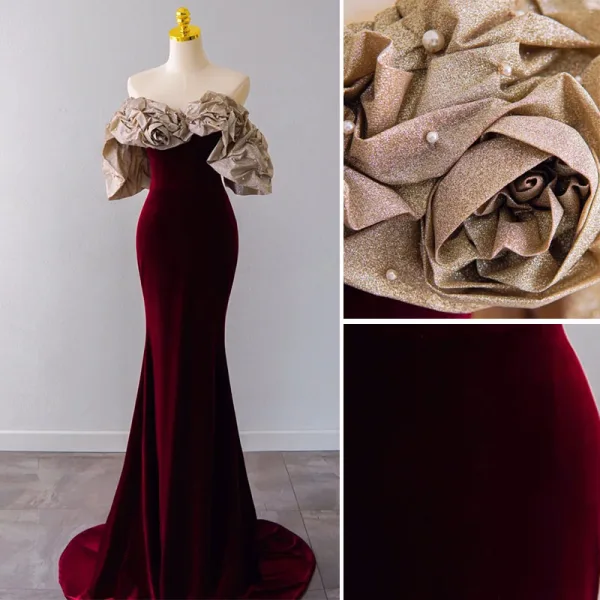 Sexy Burgundy Suede Evening Dresses 2022 Trumpet / Mermaid Off-The-Shoulder Short Sleeve Backless Pearl Sequins Sweep Train Evening Party Formal Dresses