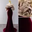 Sexy Burgundy Suede Evening Dresses 2022 Trumpet / Mermaid Off-The-Shoulder Short Sleeve Backless Pearl Sequins Sweep Train Evening Party Formal Dresses