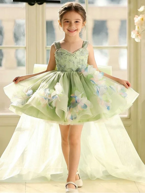Dreamy Sage Green Beading Pearl Appliques Birthday Short Flower Girl Dresses 2026 Ball Gown Square Neckline Sleeveless Backless Tulle
