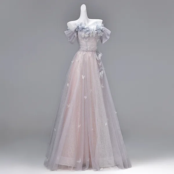 Bling Bling Lavande En Dentelle Papillon Appliques Paillettes Robe De Soirée 2026 Princesse De l'épaule Manches Courtes Dos Nu Longue Robe De Ceremonie