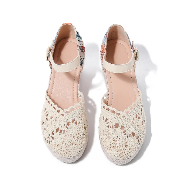 Fashion Summer Beige Street Wear Womens Sandals 2023 Ankle Strap 7 cm Wedges Round Toe Womens Shoes
