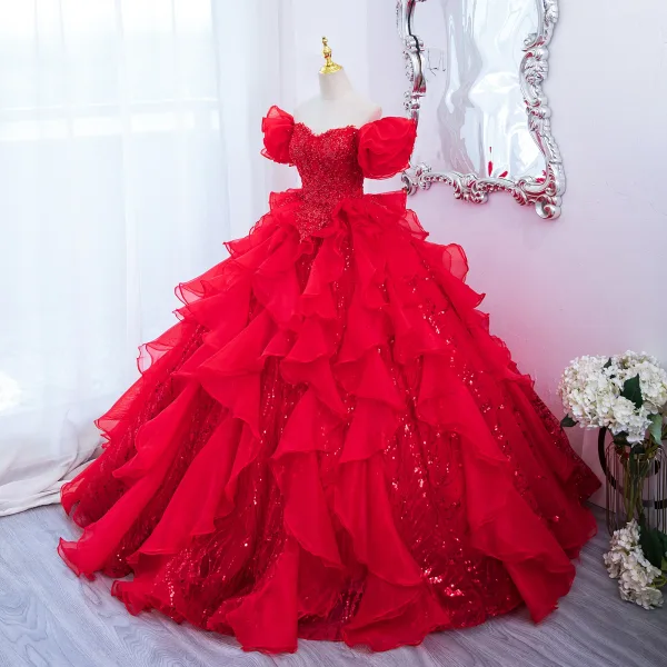 Chic / Beautiful Red Pearl Sequins Cascading Ruffles Prom Dresses 2024 Ball Gown Off-The-Shoulder Short Sleeve Backless Floor-Length / Long Prom Formal Dresses