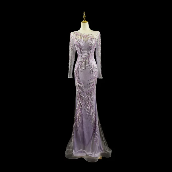 Luxe Charmant Lavande Fait main Perlage Faux Diamant Percé Robe De Soirée 2023 Trompette / Sirène Encolure Dégagée Manches Longues Tribunal Train Soirée Robe De Ceremonie