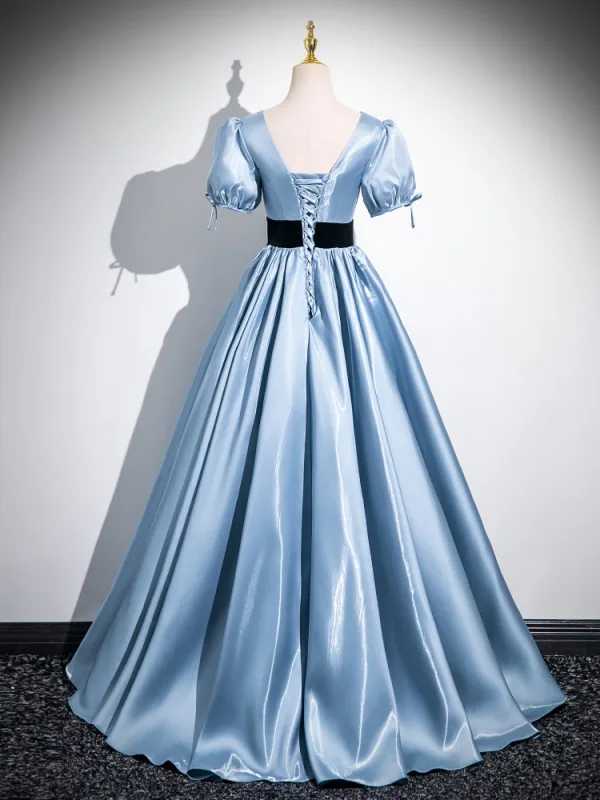 Chic / Beautiful Sky Blue Prom Dresses 2024 Ball Gown V-Neck Puffy Short Sleeve Backless Floor-Length / Long Prom Formal Dresses
