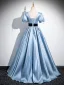 Chic / Beautiful Sky Blue Prom Dresses 2024 Ball Gown V-Neck Puffy Short Sleeve Backless Floor-Length / Long Prom Formal Dresses