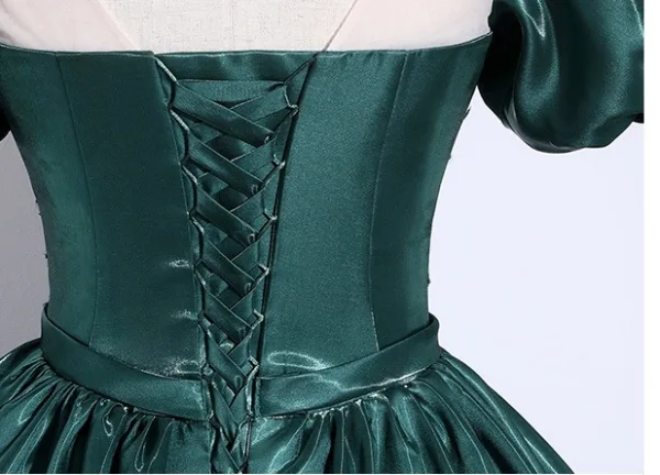 Vintage / Retro Dark Green Sequins Lace Flower Satin Prom Dresses 2025 Ball Gown Scoop Neck Short Sleeve Backless Floor-Length / Long Formal Dresses