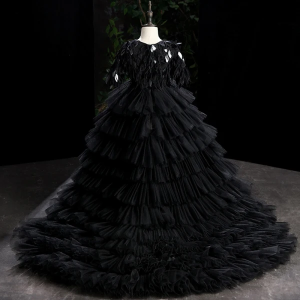 High Low Black Cascading Ruffles Prom Flower Girl Dresses 2022 Ball Gown Scoop Neck Sequins Short Sleeve Court Train Flower Girl Dresses