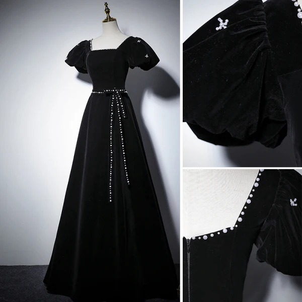 Elegant Black Prom Dresses 2022 A-Line / Princess Square Neckline Pearl Bow Sash Short Sleeve Backless Floor-Length / Long Formal Dresses
