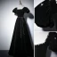 Elegant Black Prom Dresses 2022 A-Line / Princess Square Neckline Pearl Bow Sash Short Sleeve Backless Floor-Length / Long Formal Dresses