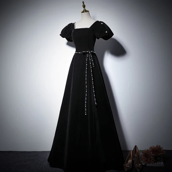 Elegant Black Prom Dresses 2022 A-Line / Princess Square Neckline Pearl Bow Sash Short Sleeve Backless Floor-Length / Long Formal Dresses