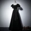 Elegant Black Prom Dresses 2022 A-Line / Princess Square Neckline Pearl Bow Sash Short Sleeve Backless Floor-Length / Long Formal Dresses
