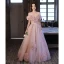 Chic / Beautiful Blushing Pink Beading Ruffle Prom Dresses 2022 A-Line / Princess Off-The-Shoulder Short Sleeve Backless Floor-Length / Long Formal Dresses