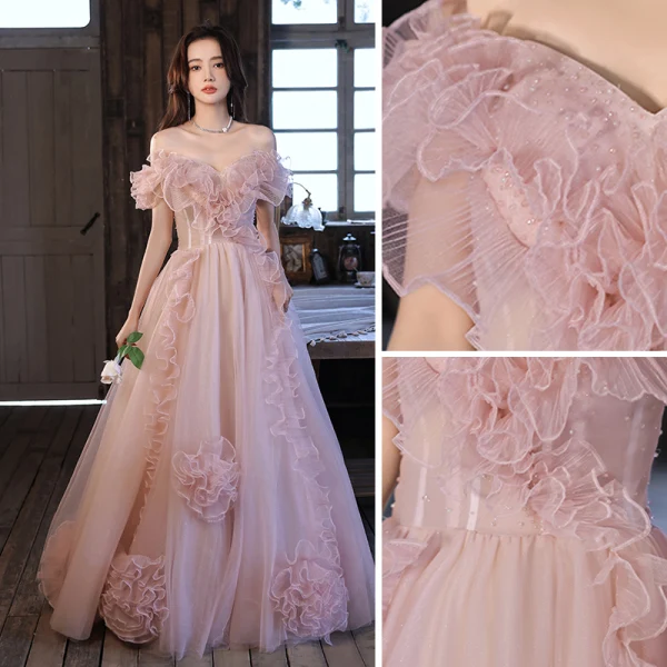 Chic / Beautiful Blushing Pink Beading Ruffle Prom Dresses 2022 A-Line / Princess Off-The-Shoulder Short Sleeve Backless Floor-Length / Long Formal Dresses