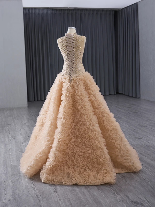 High-end Gold Rhinestone Sequins Pleated Prom Dresses 2024 A-Line / Princess High Neck Sleeveless Floor-Length / Long Prom Formal Dresses