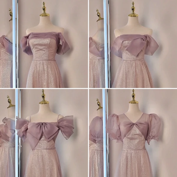 Chic / Beautiful Blushing Pink Glitter Bridesmaid Dresses 2023 A-Line / Princess Short Sleeve Backless Tea-length Bridesmaid Dresses