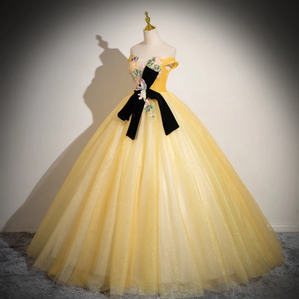 Elegant Gold Beading Sequins Lace Flower Prom Dresses 2024 Ball Gown Strapless Sleeveless Bow Backless Floor-Length / Long Prom Formal Dresses