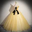 Elegant Gold Beading Sequins Lace Flower Prom Dresses 2024 Ball Gown Strapless Sleeveless Bow Backless Floor-Length / Long Prom Formal Dresses