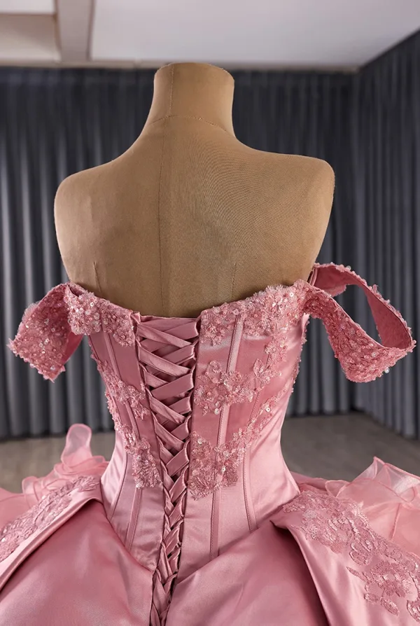 Luxury / Gorgeous Flower Fairy Candy Pink Handmade  Rhinestone Lace Flower Cascading Ruffles Prom Dresses Quinceañera 2025 Ball Gown Off-The-Shoulder Sleeveless Backless