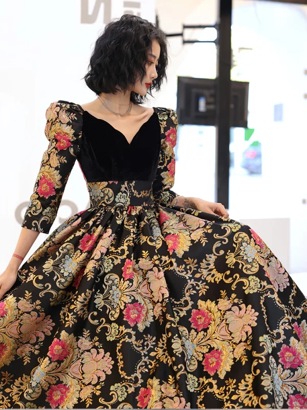 Vintage / Retro Fancy Black Printing Prom Dresses 2023 A-Line / Princess V-Neck 1/2 Sleeves Backless Prom Floor-Length / Long Formal Dresses